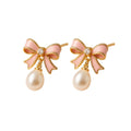 Pretty Pink Bow Earrings with Rhinestones & Pearl Beads
