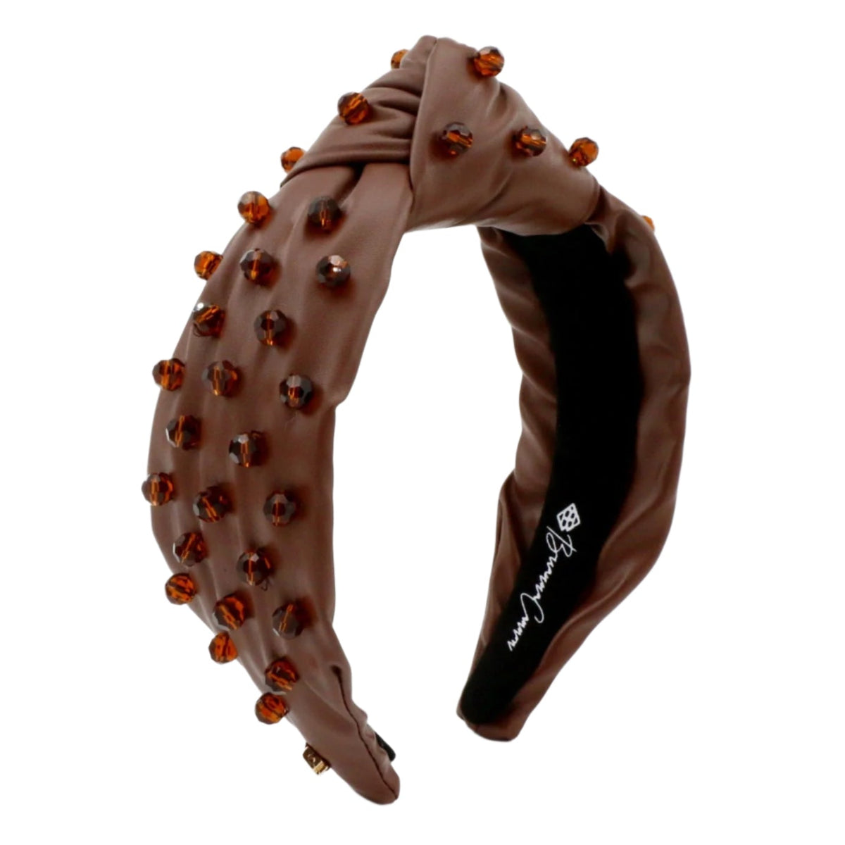 Brown Vegan Leather Headband with Hand-Sewn Glass Beads